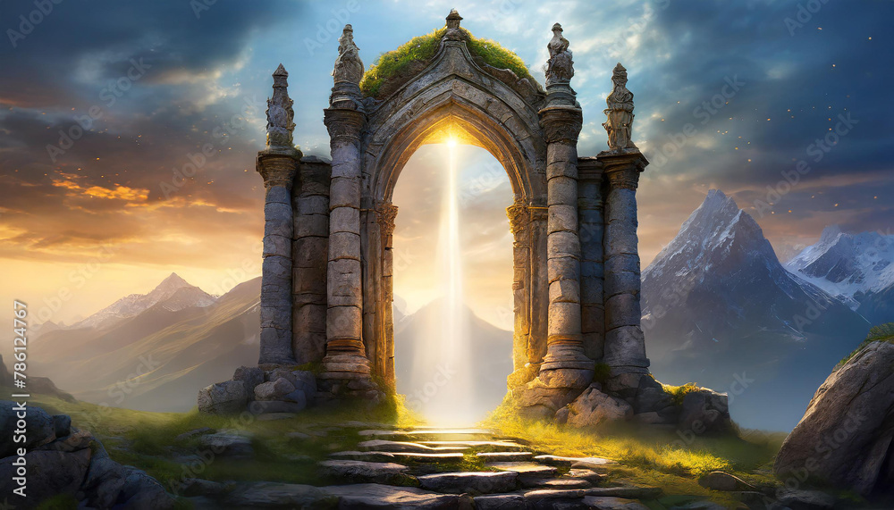 Magic stone gate with light coming through pillars. Old arch. Mysterious portal to another world