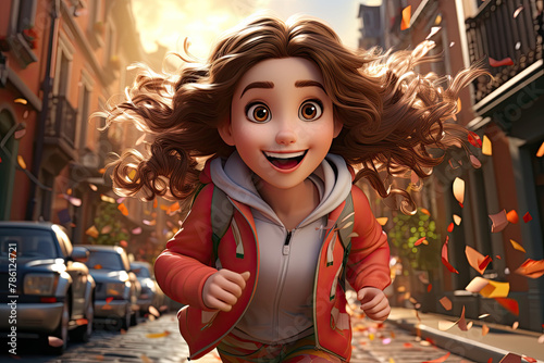 A cartoon character running down busy street amidst colorful buildings and lively surroundings © sommersby