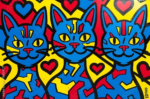 AI generated illustration of three cartoon cats in hearts and squares on a vibrant backdrop