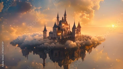 A floating castle at sunset with glowing stars photo