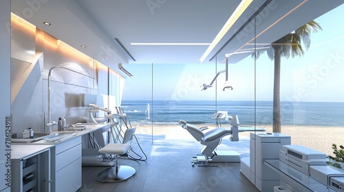 A dental clinic with automated cleaning and diagnostic tools  with a view of a peaceful beach