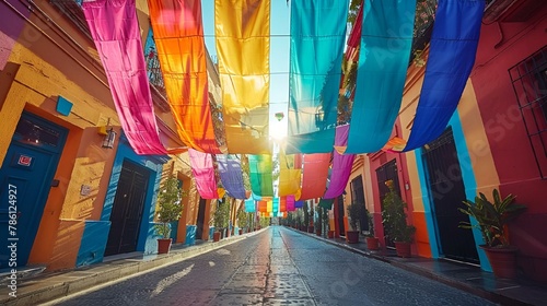 a narrow street is decorated with bright colored sheets, on which are the sun shining