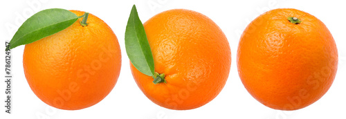 Orange fruit with leaves isolated, transparent PNG, PNG format, full depth of field, cut out