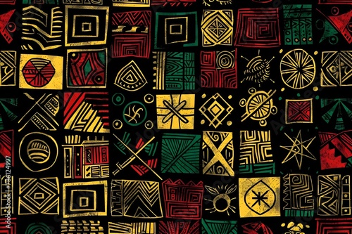 a black and yellow pattern with many squares of different colors