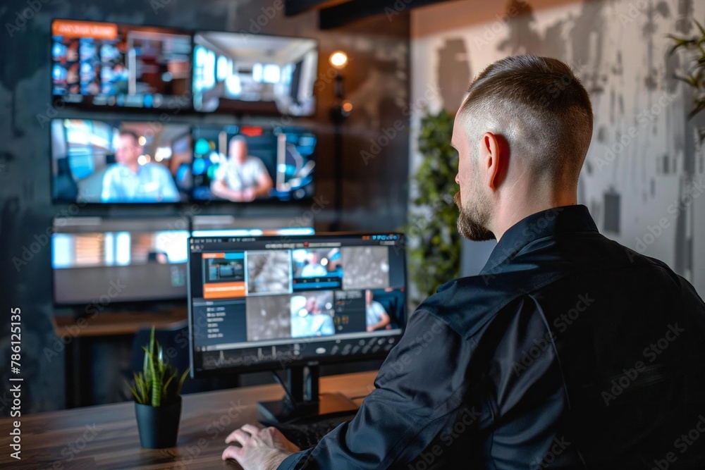 Man Using Surveillance System with CCTV Cameras to Monitor Home and Office Security Man Using Surveillance System with CCTV Cameras to Monitor Home and Office Security