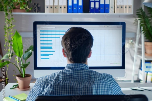 Businessman looking at Gantt chart on computer screen for scheduling report online photo
