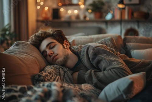 Young man sleeping comfortably on a sofa in a cozy living room