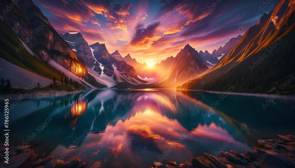 Serene mountainous landscape at sunset, with the vibrant sky reflecting