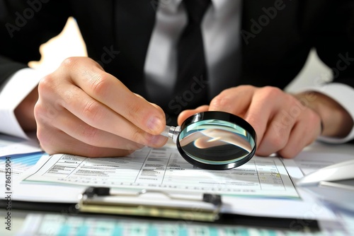 Corporate Fraud Investigation: Auditor Checking Invoice with Magnifying Glass