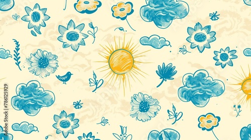 an orange and blue background with sun and clouds, butterflies and flowers