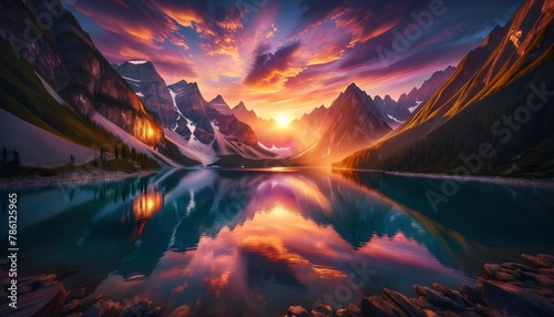 Serene mountainous landscape at sunset, with the vibrant sky reflecting © Wirestock