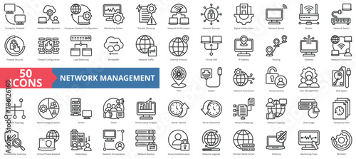 Computer network icon collection set. Containing management, configuration, monitoring system, trouble shooting, performance, security, digital infrastructure icon. Simple line vector.