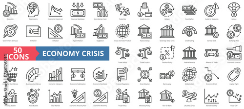 Economy Crisis icon collection set. Containing depressions, economic downturn, financial meltdown, stock marker cash, recession, credit crunch, default, trade war icon. Simple line vector. photo