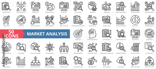 Market research icon collection set. Containing segmentation, trends, penetration, buyer personas, data, sales, analysis icon. Simple line vector. photo