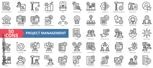 Project construction management icon collection set. Containing subcontractor, design, success, boss, financial analysis, image industry, architecture icon. Simple line vector. photo