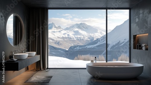 A health monitoring smart mirror in a luxurious bathroom, with a view of a snowy mountain range
