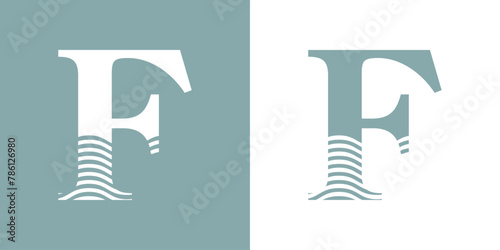 Logo Nautical. Letra inicial F con olas de mar