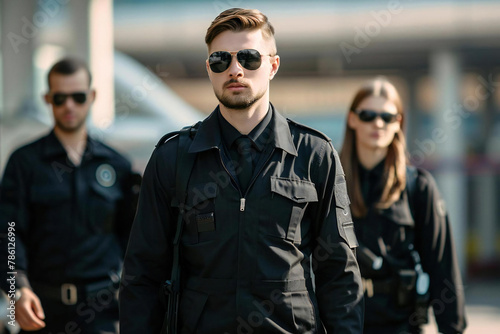 Professional Security Guard Service with Young Male Bodyguards in Black Uniforms Providing Protection and Surveillance photo