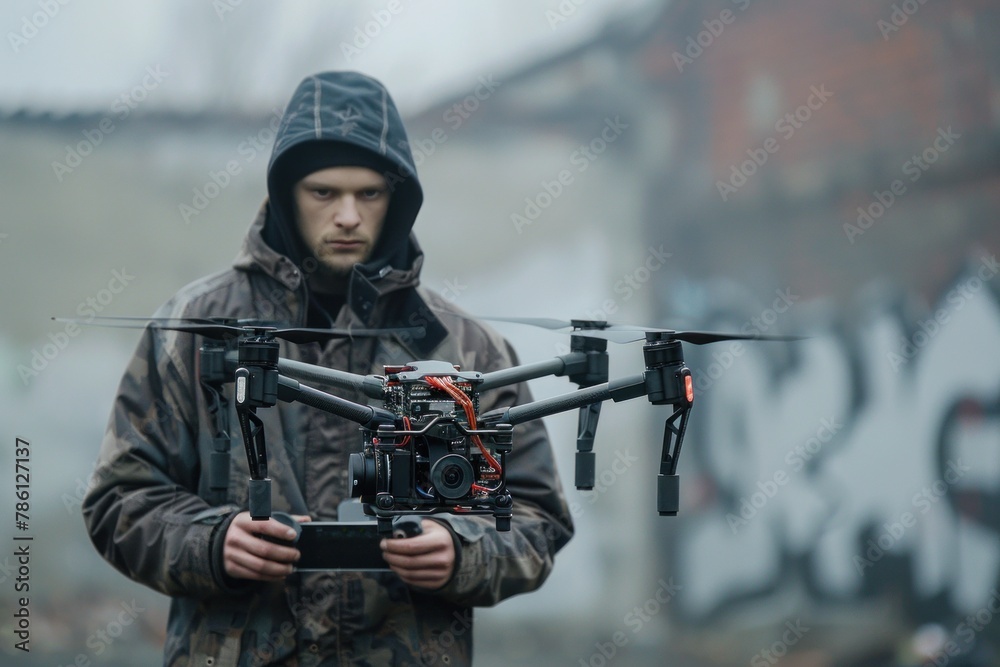 Fototapeta premium Man Holding Camera Next to Flying Device