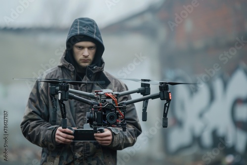 Man Holding Camera Next to Flying Device