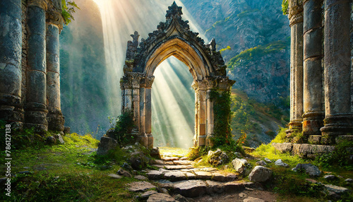 Magic stone gate with light coming through pillars. Old arch. Mysterious portal to another world photo
