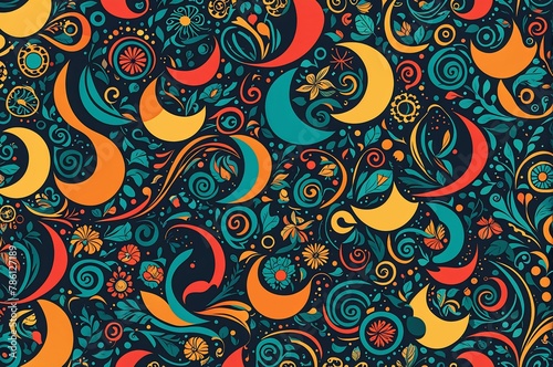AI illustration of vibrant paisley pattern on dark background with various shapes and sizes