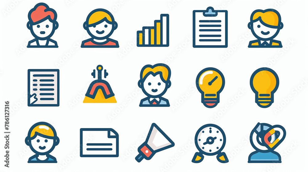 business event icon set, pictogram, workstyle theme, white background, simple stroke, minimalist