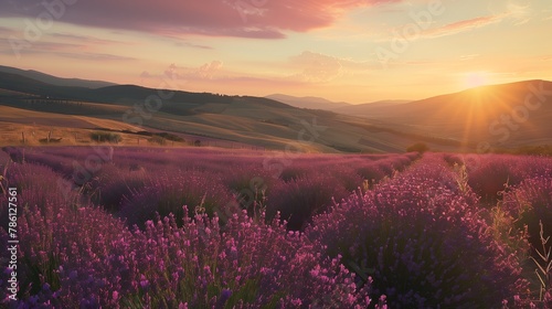 Sunset Rays Over Lavender Fields and Tuscan Landscape