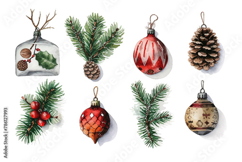 Watercolor christmas decoration ornament, merry christmas and happy new year.