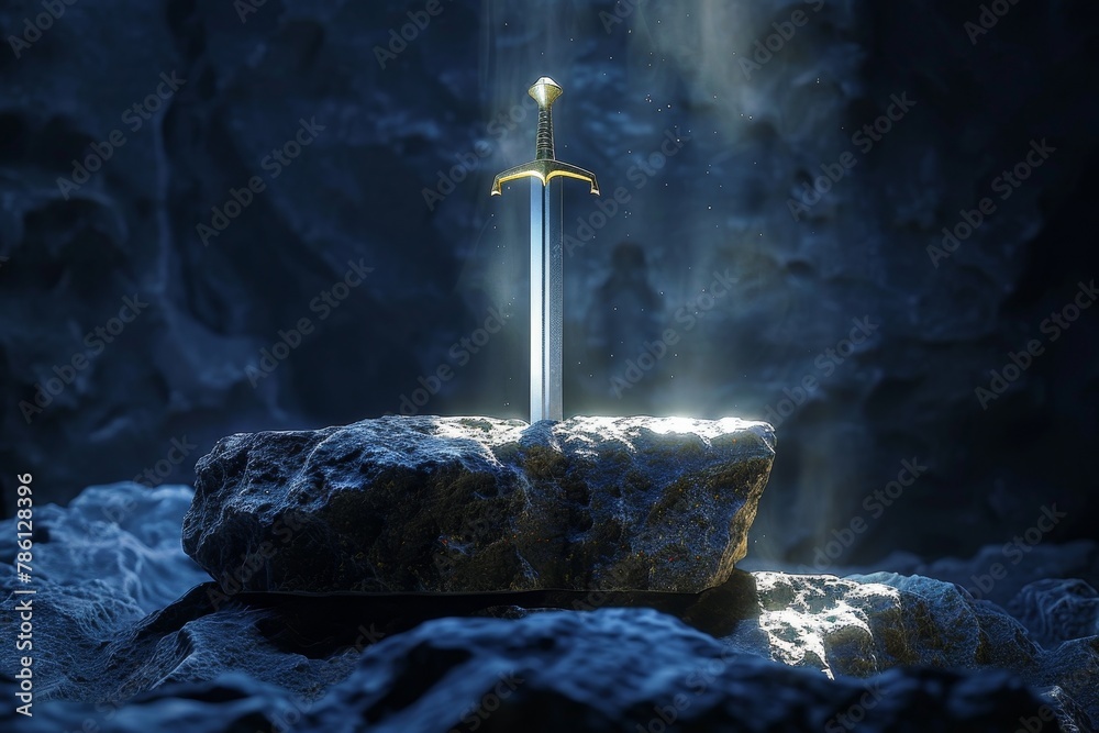 A sword is standing on a rocky mountain - obrazy, fototapety, plakaty 