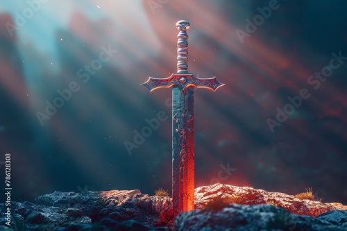 A sword is standing on a rocky mountain