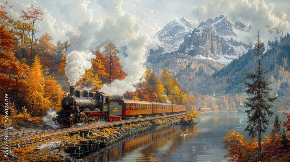 An old steam locomotive drives through the countryside