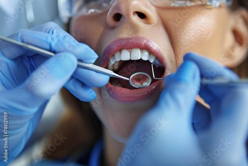 Patient at dental office getting teeth checked by hygienist photo