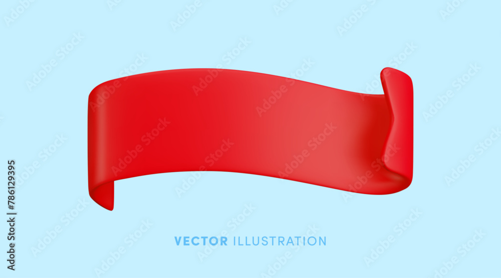 Vector Realistic 3d Red Ribbon on blue background. Vintage design element, decorative wavy sticker. Cartoon 3d ribbon tag illustration for sale banner, price tag, advert, game, app, label. Vector Realistic 3d Red Ribbon on blue background. Vintage design element, decorative wavy sticker. Cartoon 3d ribbon tag illustration for sale banner, price tag, advert, game, app, label.