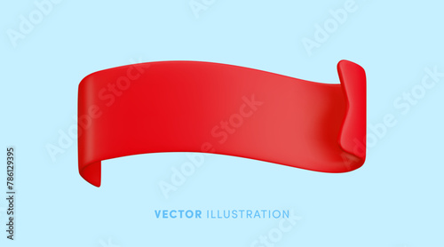 Vector Realistic 3d Red Ribbon on blue background. Vintage design element, decorative wavy sticker. Cartoon 3d ribbon tag illustration for sale banner, price tag, advert, game, app, label.