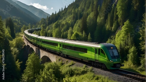 # Photorealistic Images prompt"Fastgreen train passing through a verdant, mountainous, and forest-filled environment. The train is sleek and modern, with vibrant green colors reflecting its speed and 