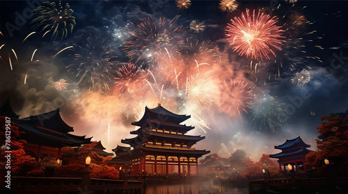 Fireworks and Festivities Photograph of Chinese new year fireworks celebrations on the chinese temple background
