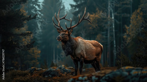 A majestic elk with grand antlers guards its forest home as darkness approaches