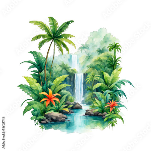 Tropical rainforest in a costa Rica  lush biodiversity watercolor illustration clipart greenery nature isolated