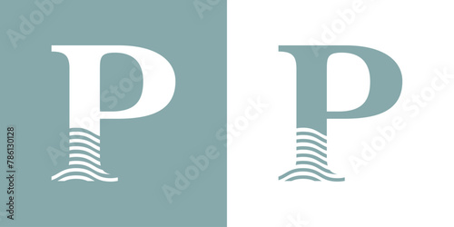 Logo Nautical. Letra inicial P con olas de mar