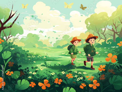 Illustration of children on a shamrock hunt st patricks day