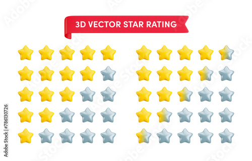 Vector 3d five star product rating icon set. Realistic cartoon 3d render feedback, customer review concept. Cute glossy yellow stars from one to five with half star for web, ui, game, app