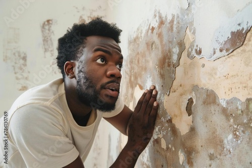 Man looking at mold damage on moldy wall in house photo