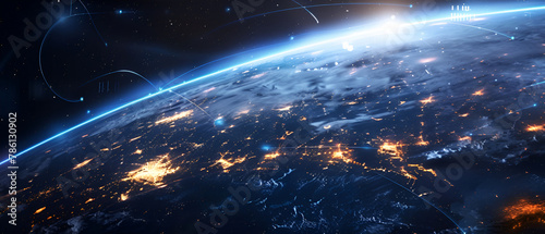 earth and light horizon from space, Earth at night, city lights from orbit , Planet earth with realistic geography surface and orbital 3D cloud atmosphere , Outer space view of world globe sphere 