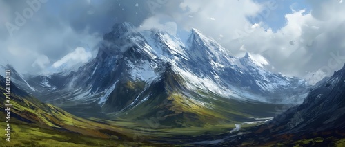 green pasture valley with snow peak mountain ridge, artful painting style illustration with grungy brush stroke texture, Generative Ai
