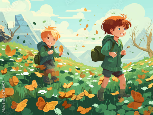 Illustration of children on a shamrock hunt st patricks day