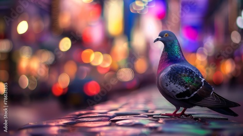 A mesmerizing scene capturing a colorful shimmering city pigeon, Columba livia domestica, perched on cobblestones sidewalk.