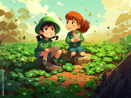 Illustration of children on a shamrock hunt st patricks day