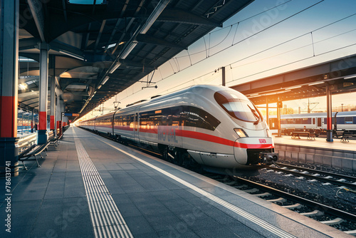 modern train on the city railroad station