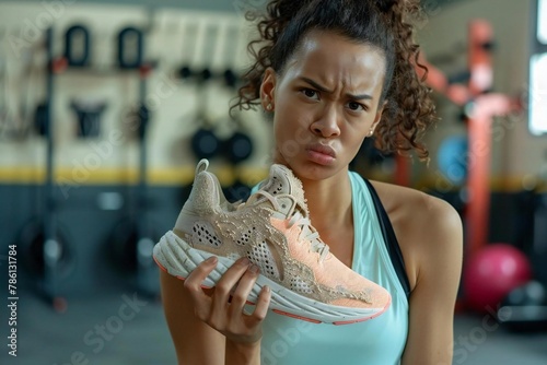 Woman holding smelly running shoes after sweaty exercise